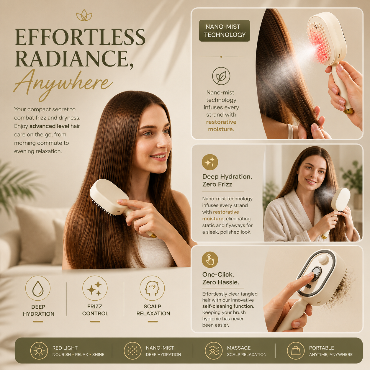 Rechargeable Hair Straightener Brush with Detangling Comb